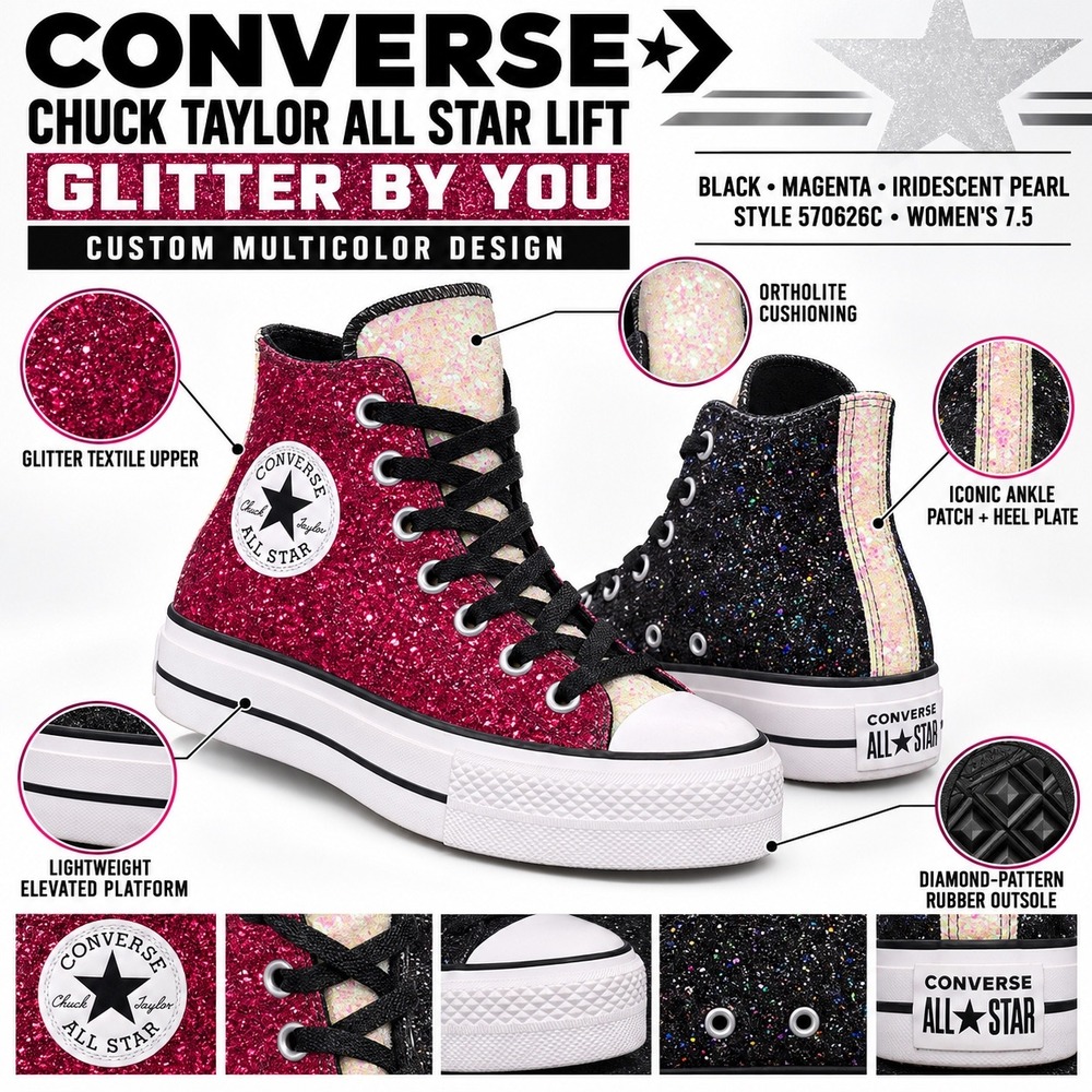 Converse CTAS Lift High Top By You Women's 7.5 Black Pink Glitter Platform Shoes - Picture 10 of 10